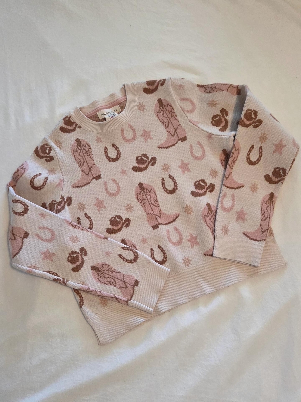 Girls' Pink Western Pattern Crewneck Sweater
